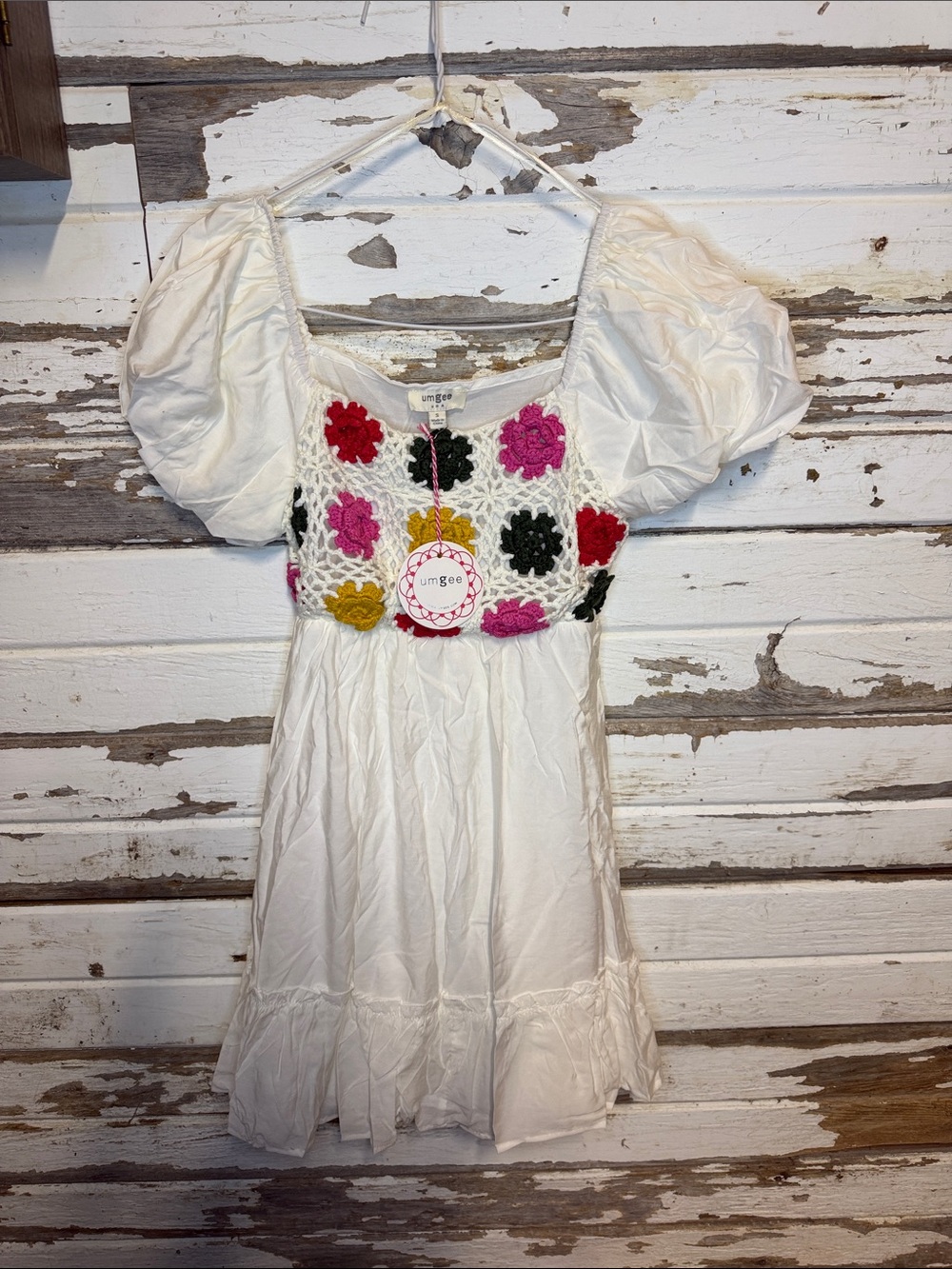 Umgee White Mini Dress with Crocheted Floral Bodice